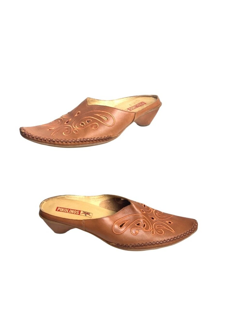 Pikolinos Brown Leather Mule Shoes Size 42 With Embroidered Design & Low Heels